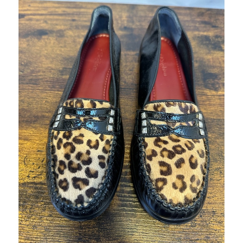 Brighton Mohawk Black Patent Leather Leopard Calf Hair Loafers 8 M Shoes Flats - Picture 2 of 16